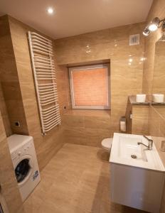 a bathroom with a washing machine and a sink at Apartamenty ZYGFRYD 28C 2 in Bystrzyca Kłodzka