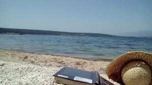 a hat and a book on a beach next to the water at Apartments Mira in Gornji Karin