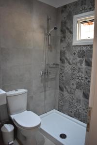 a bathroom with a toilet and a shower at Patras Studio in Agios Georgios Pagon