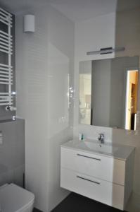 La salle de bains est pourvue d'un lavabo, de toilettes et d'un miroir. dans l'établissement Apartament , Bałtycka 11, à Kołobrzeg