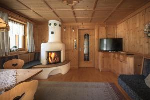 ein Wohnzimmer mit einem Kamin in einer Hütte in der Unterkunft XL Appartements Steinhaus in Steinhaus