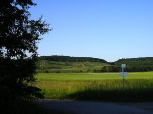 un campo de hierba con un cartel al costado de una carretera en Ferienwohnung Zu den Weinbergen, en Traustadt