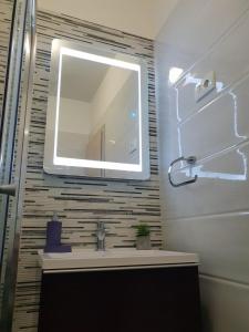 a bathroom with a sink and a mirror on a wall at Ana Tudor Apartments in Hvar