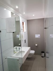 uma casa de banho branca com um lavatório e um WC em Shonalanga Lodge em Vryheid