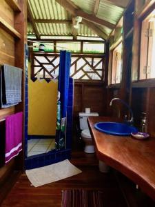 a bathroom with a blue sink and a toilet at Las Ranitas in Puerto Viejo