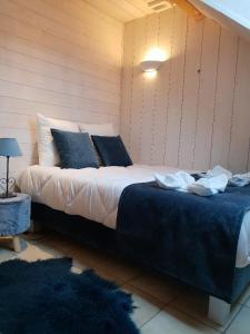 a bedroom with two beds with blue and white pillows at La Baie des Voiles 2 chambres 4 à 6 personnes au bord du lac plage privée in Duingt