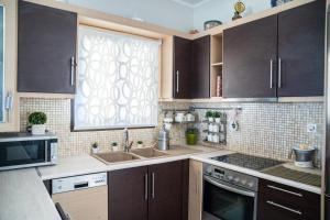 een keuken met bruine kasten, een wastafel en een raam bij Nikol apartment in Argostoli