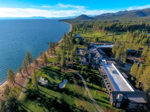 an aerial view of a train station next to the water at Edgewood Tahoe Resort in Stateline