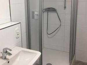 a bathroom with a shower with a sink and a shower at City Apartment Dietze in Übach-Palenberg