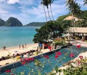 a view of the beach from the resort at Maremegmeg Beach Club in El Nido