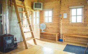 a room with a fireplace and a ladder in a log cabin at Pušynėlis in Miežonys