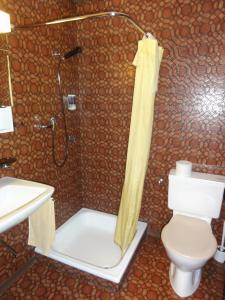 ein Bad mit einer Dusche, einem WC und einem Waschbecken in der Unterkunft Hotel Tenne in Lenk im Simmental