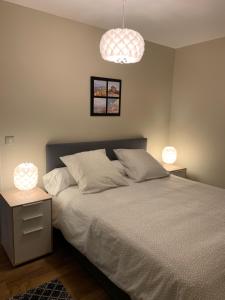 une chambre avec un lit avec deux lampes dessus dans l'établissement Appartement de 70 m2 bien situé à Boulogne sur mer, à Boulogne-sur-Mer
