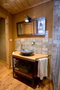 a bathroom with a bowl sink on a wooden counter at Le R&ecirc;ve d'Aghon Chambres et Table d'H&ocirc;tes in Bagn&egrave;res-de-Bigorre