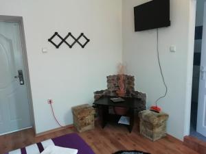 ein Wohnzimmer mit einem Fernseher an der Wand in der Unterkunft Casa Julia/Adult Only in Sovata