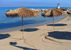 two straw umbrellas on a beach with the ocean at Casa Vacanza Albamarina in Trapani