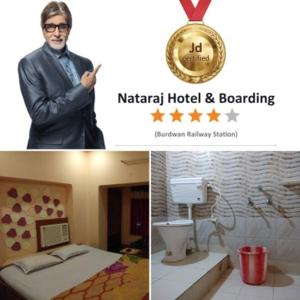 a man standing in a room with a bed and a bathroom at Nataraj Hotel and Boarding in Barddhamān