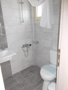 a bathroom with a shower and a toilet and a sink at Knossos Hotel in Kalamaki +35 photos