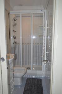 a bathroom with a shower and a toilet and a sink at Casa acogedora in Mundaka