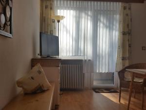 a living room with a television and a window at Hotel-Pension Haus Hubertus in Weigendorf