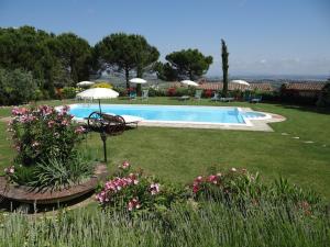 a swimming pool in a yard with flowers and an umbrella at La Piazzetta in San Gimignano