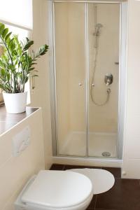 a bathroom with a shower with a toilet and a plant at Landgasthaus Badischer Hof in Großrinderfeld