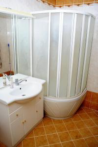 La salle de bains est pourvue d'un lavabo et d'une douche. dans l'établissement Apartmán v centru, à Havlíčkův Brod