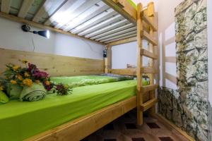 Etagenbett in einem Zimmer mit einem grünen Bett in der Unterkunft Hostel Put Svile in Subotica