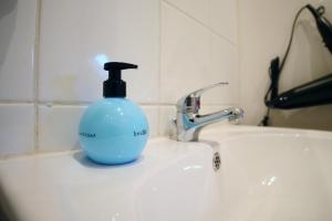 niebieska butelka mydła na zlewie w obiekcie T2 de charme N4 Valenciennes Netflix, Wifi w mieście Aulnoy