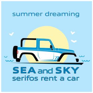 a picture of a truck with the words sea and sky settlers rent a car at Asteri Hotel in Livadi
