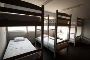 a room with three bunk beds and a window at Hostel Auikyani in Cozumel