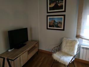 een woonkamer met een tv en een stoel bij El Bordon in Arguedas