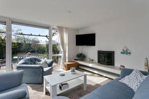 a living room with two blue couches and a fireplace at Alexanderpark 5 - Ouddorp, covered terrace, near to the beach and dunes - not for companies in Ouddorp