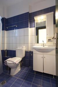 a blue and white bathroom with a toilet and a sink at Koronisia Apartments in Koronisia