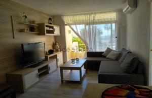 un soggiorno con divano e TV di Primera Linea de Mar con Piscina en EbreHogar a Sant Carles de la Ràpita