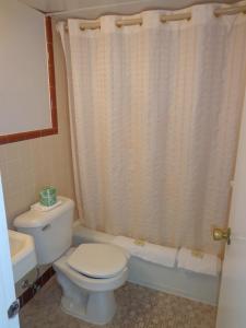 y baño con aseo y cortina de ducha. en Quarterdeck Motel, en Wildwood