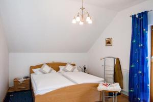 a bedroom with a bed with a blue curtain at Sixt Martina in Lam