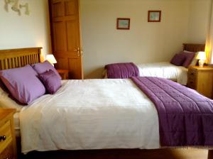 two beds in a hotel room with purple pillows at Cnoc Breac B&B in Cleggan