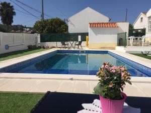 a swimming pool with a vase of flowers next to it at Casa Vila Sao & Pompeia in Sesimbra