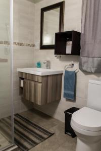 ein Badezimmer mit einem Waschbecken, einem WC und einem Spiegel in der Unterkunft Haus Mopanie in Tsumeb