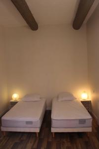 two twin beds in a room with two lamps at Superbe T2 3 étoiles à proximité des thermes et des pistes cyclables in Lamalou-les-Bains