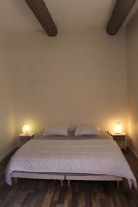 a bedroom with a bed with two lamps on two tables at Superbe T2 3 étoiles à proximité des thermes et des pistes cyclables in Lamalou-les-Bains