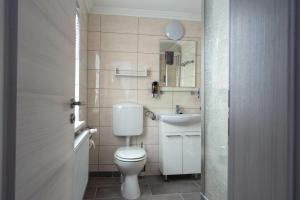 a small bathroom with a toilet and a sink at Hotel Zum Böhmegrund in Bad Fallingbostel