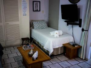 1 dormitorio pequeño con 1 cama y TV en Africa's Eden Guesthouse, en Pietermaritzburg