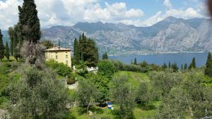 a house on a hill with a lake and mountains at Appartamenti Ceccherini in Malcesine