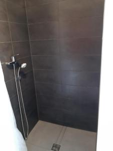 a shower with a black tiled wall at Útulný apartmán in Veselí nad Moravou +13 photos