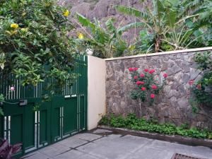 a green gate with flowers on a stone wall at Ribeira Grande Country House in Escabeçada