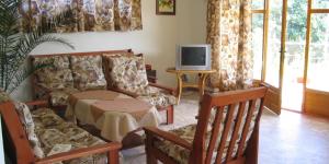 a living room with a couch and a tv at Victoria Sinemorets Guest House in Sinemorets