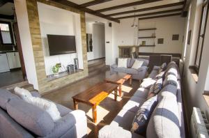 Una sala de estar con sofás y un televisor de pantalla plana. en Villa Pri Shtarkela, en Brodilovo