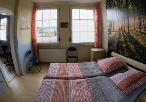 1 dormitorio con 2 camas y 2 ventanas en Ferienwohnung Wanderurlaub Thüringen, en Schmalkalden